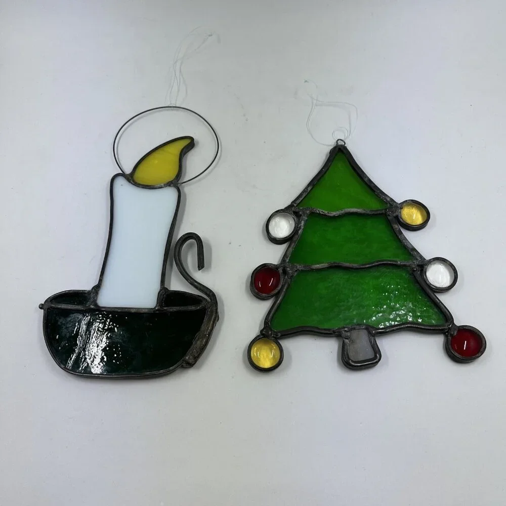 Vintage Stained‎ Glass Christmas Tree & Candle Window Hangers 6.5